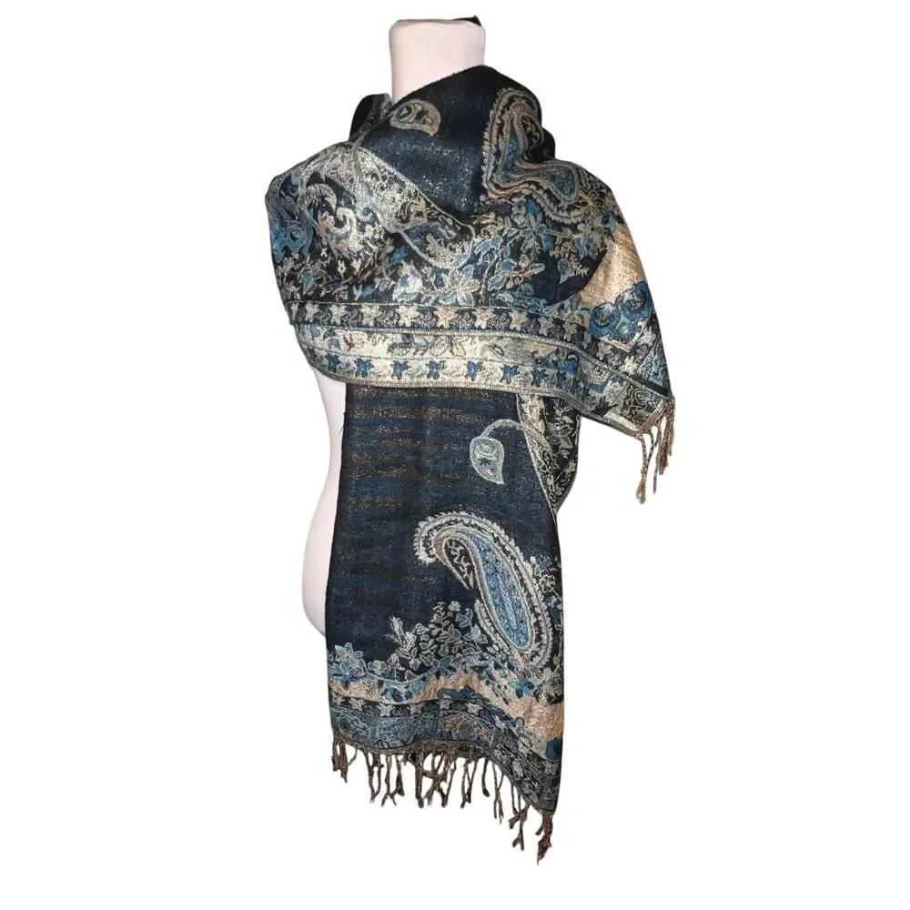 Paisley metallic‎ blue, gold fringe shawl scarf, sarong bohemian GypsyGoth